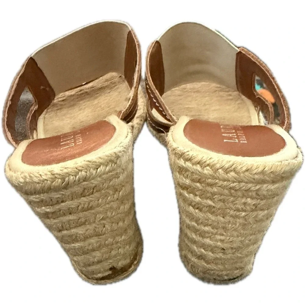 Lauren Ralph Lauren Espadrille Wedge Sandals Size 10 Taupe Brown Leather Heels
